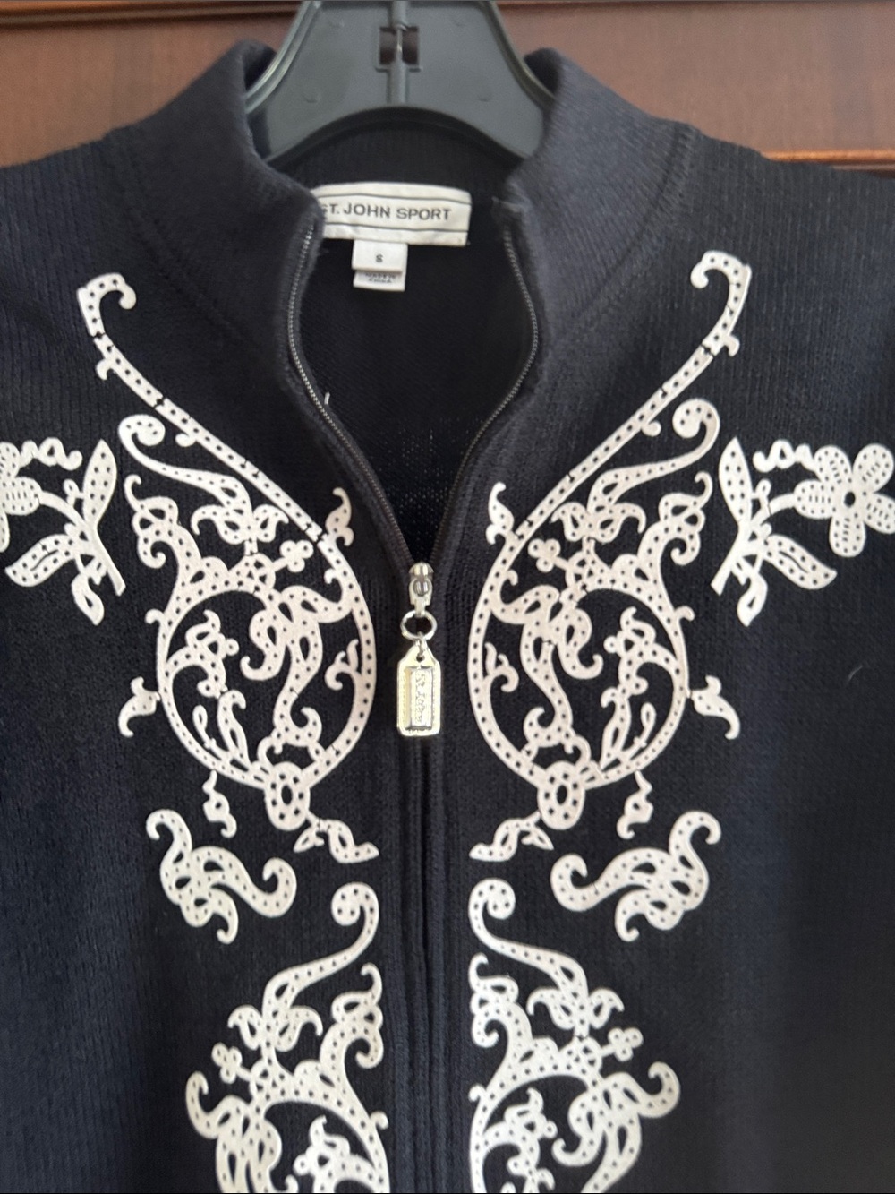 St. John Black Zip-Front Cardigan with Cream Embroidery - Picture 2 of 5
